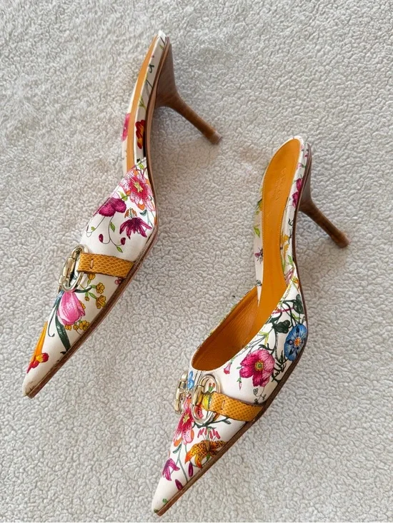 Gucci Floral Pointed Mule Heels - White Flora - Picture 5 of 9